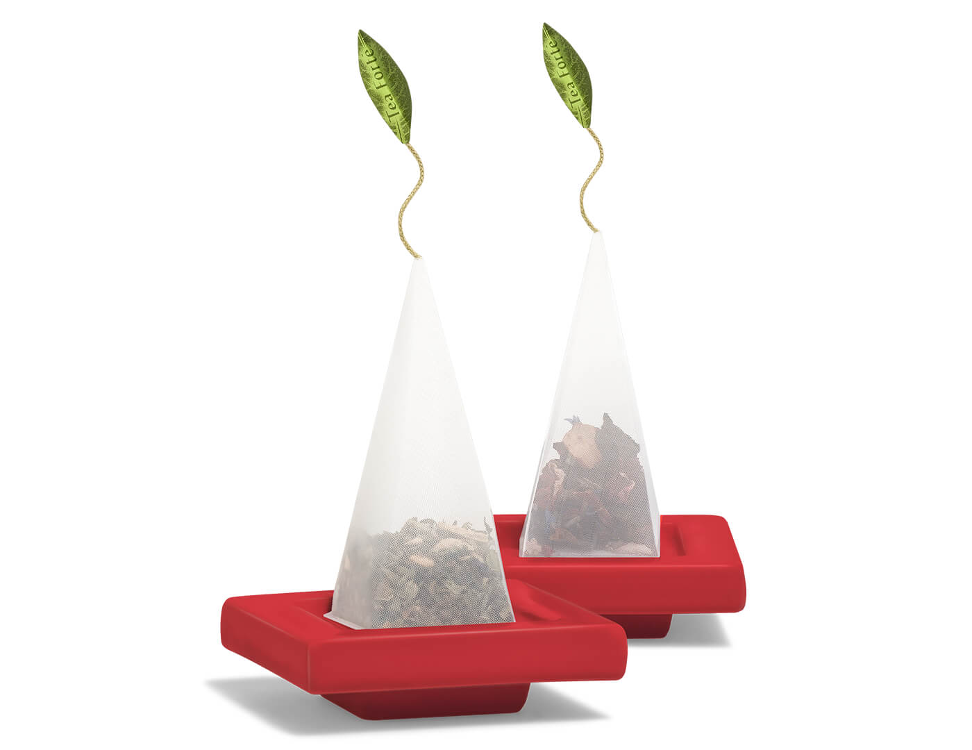 Ruby Red Tea Tray, set of two with pyramid infusers perched on top with the wrapper removed