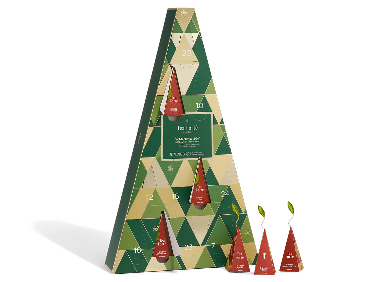 Warming Joy Herbal Advent Calendar with doors open and infusers to the right outside of box