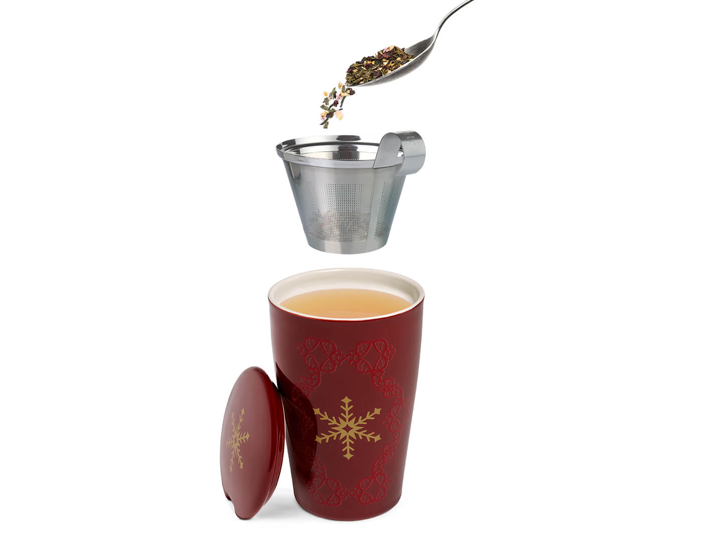 Pouring a single steep pouch into a KATI Steeping Cup with the infuser suspended in the air