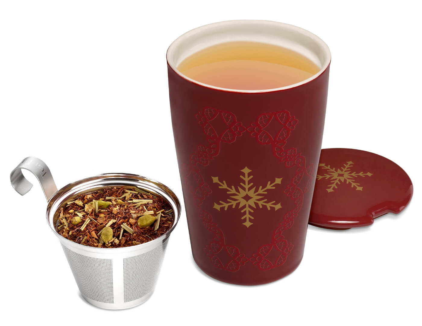 Warming Joy KATI Steeping Cup with hot tea inside, and the infuser outside of cup with loose tea inside the steeping basket