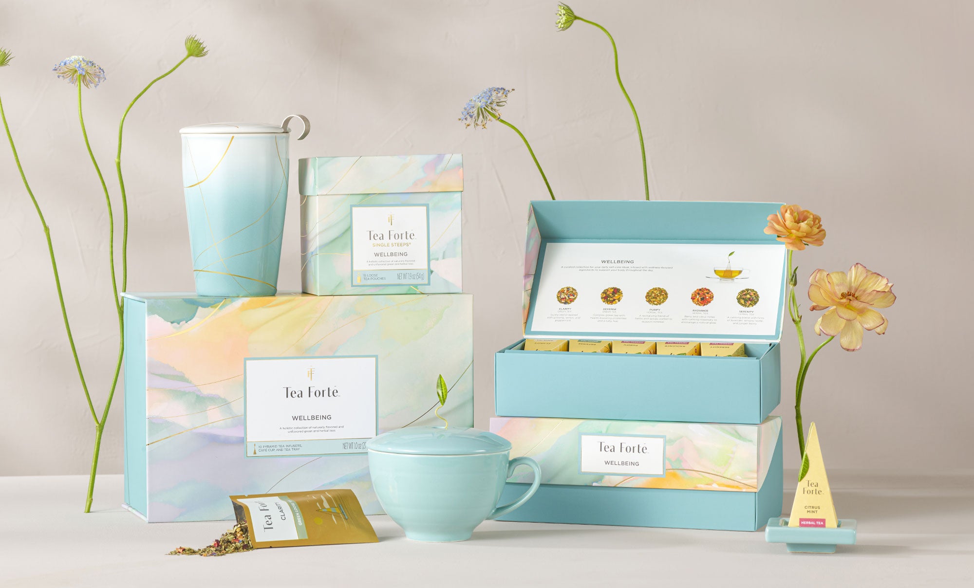 Wellbeing Collection on beige background with flowers