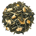 Loose leaf green tea blend with dried jasmine flowers and orange peel pieces.