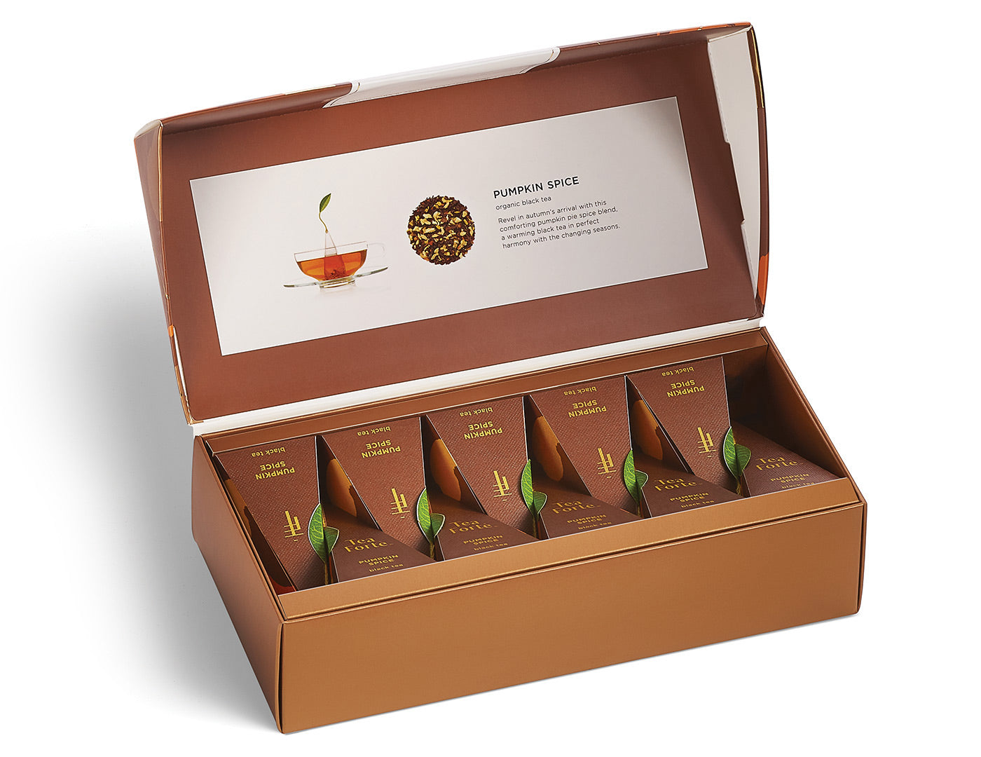 Pumpkin Spice tea in a 10 count petite presentation box with lid open