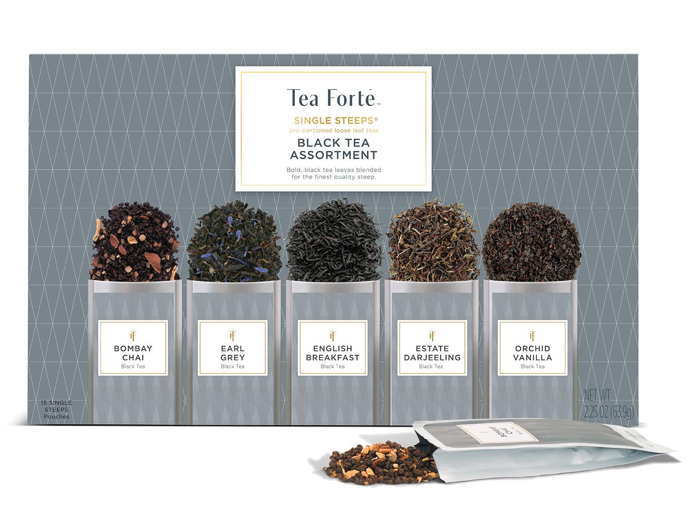 Black Tea Assortment Single Steeps Sampler of 15 pre-portioned loose tea pouches teas, box closed and one pouch out front, open