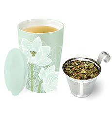 Lotus KATI Steeping Cup with lid off and infuser basket out with tea inside