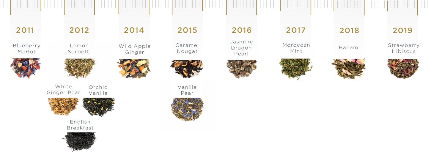 Award Winning Tea Blends timeline: 2011 Blueberry Merlot; 2012 Lemon Sorbetti, White Ginger Pear, Orchid Vanilla and English Breakfast; 2014 Wild Apple Ginger; 2015 Caramel Nougat and Vanilla Pear; 2016 Jasmine Dragon Pearl; 2017 Moroccan Mint; 2018 Hanami; 2019 Strawberry Hibiscus