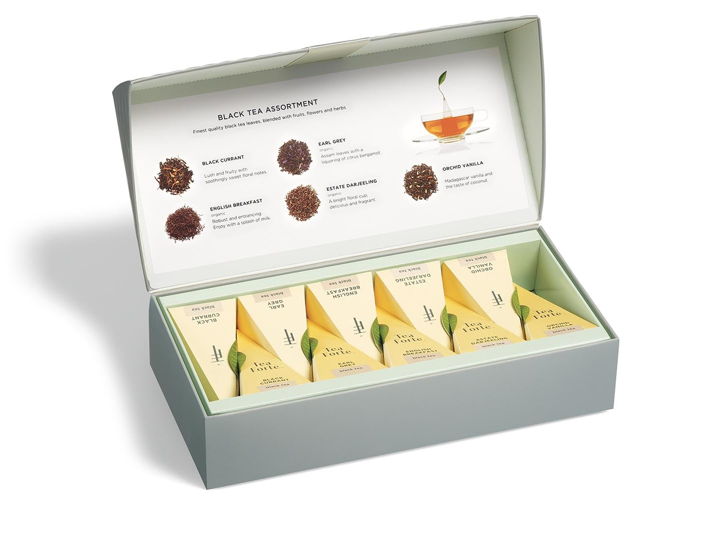Black Tea tea assortment in a 10 count petite presentation box with lid open