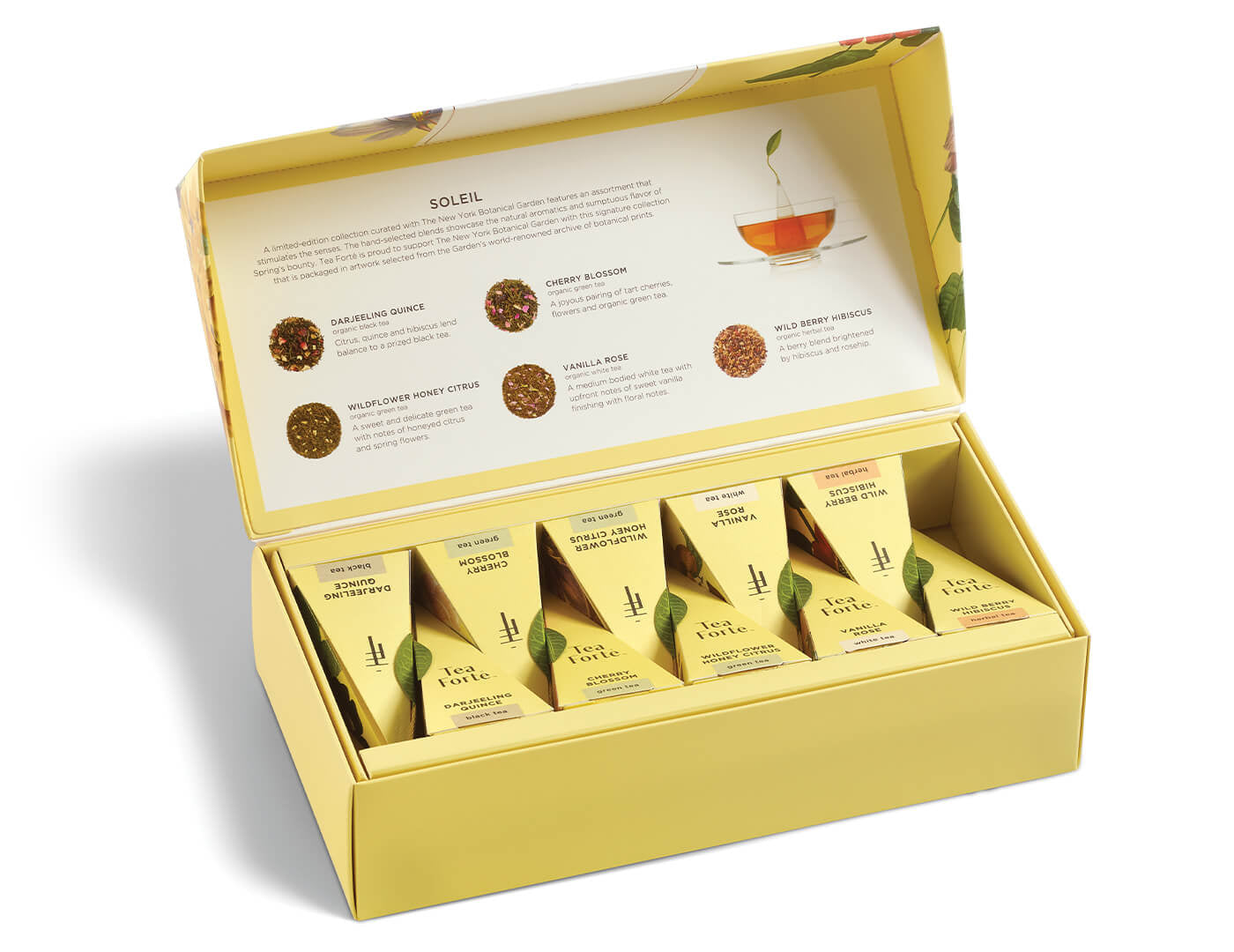 Soleil tea assortment in a 10 count petite presentation box with lid open