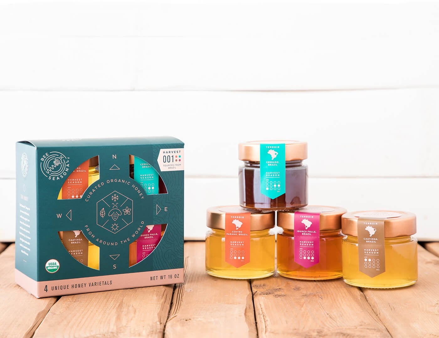 Raw honey varietal set of four jars showing jars and packaging