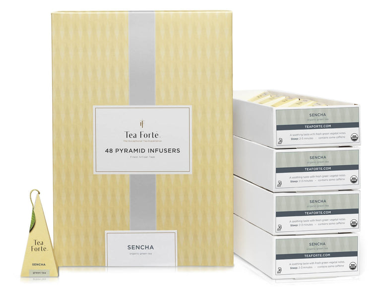 Sencha tea in a 48 count event box of pyramid infusers