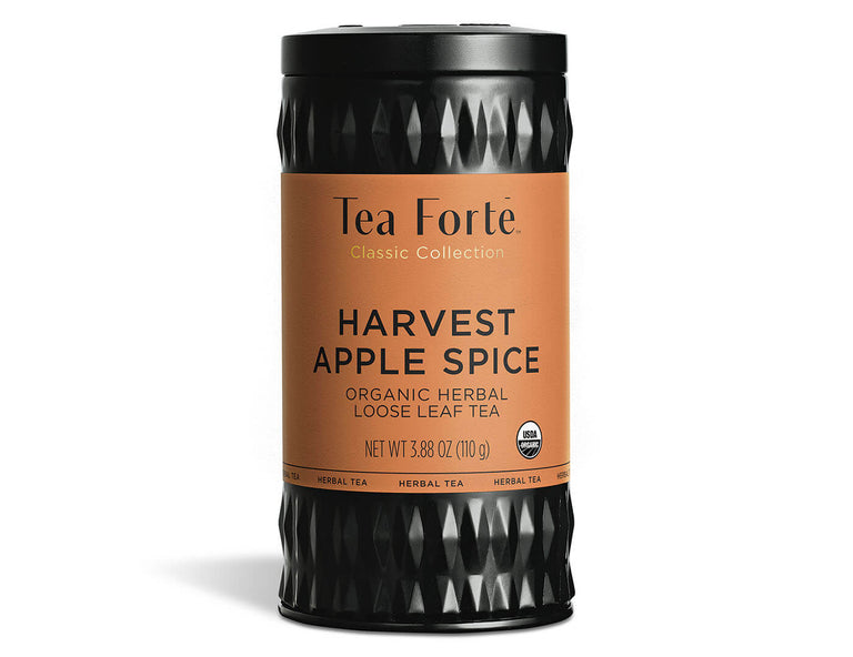 Harvest Apple Spice tea in a canister of loose tea