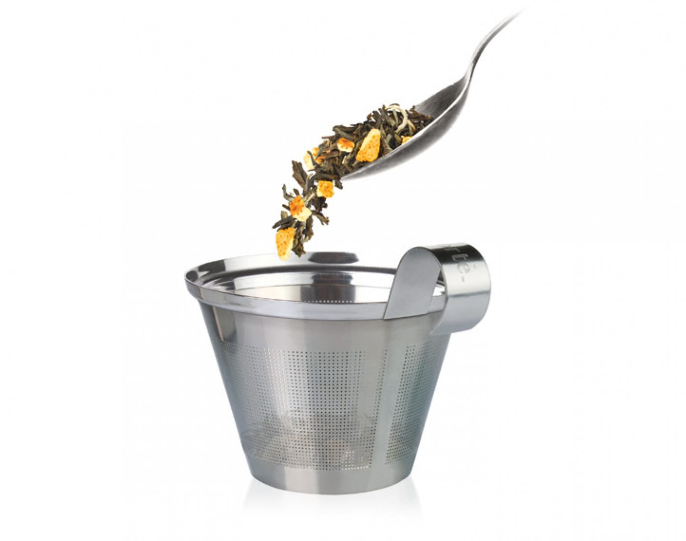 Stainless steel infuser replacement for KATI® steeping cup showing loose tea in stainless steel infuser