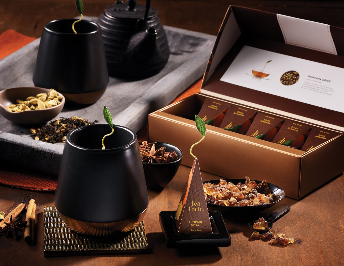 Pumpkin Spice tea in a 10 count petite presentation box on table