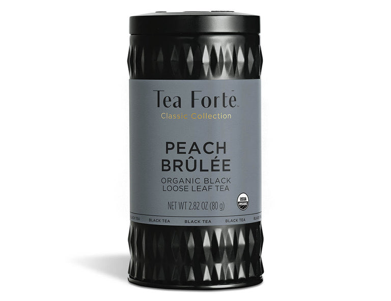 Peach Brulee tea in a canister of loose tea