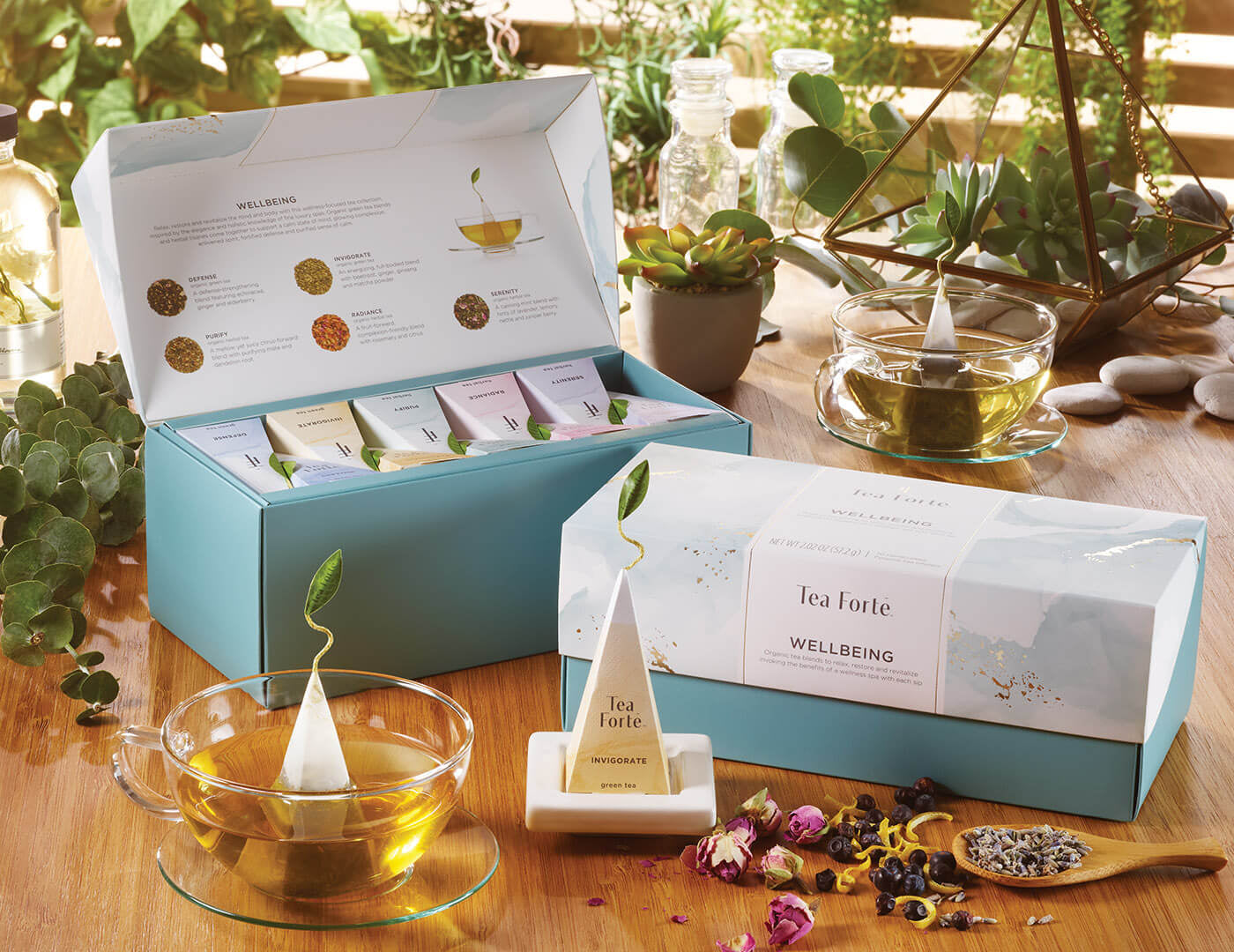 Wellbeing tea assortment in a 20 count presentation box on table
