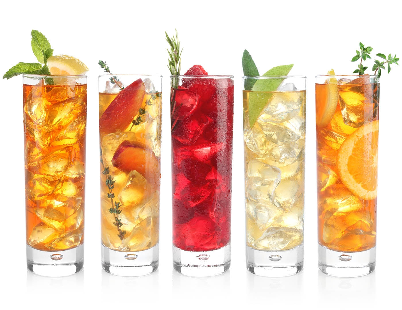 Five iced tea glasses side by side, one of each Sampler 5pk blend