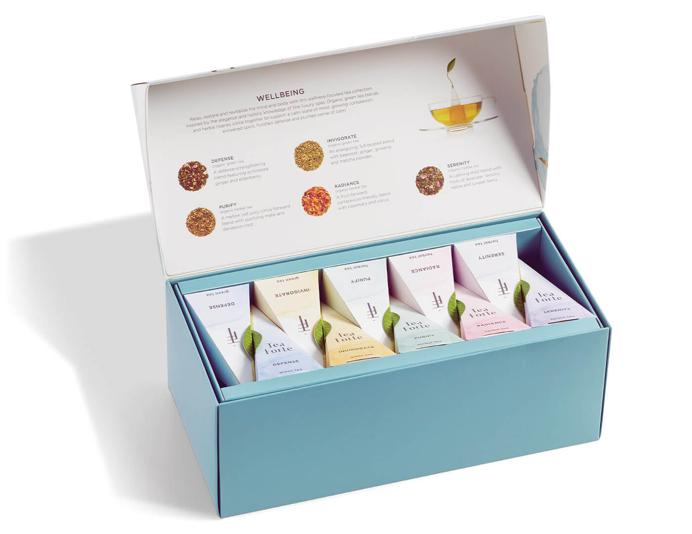 Wellbeing tea assortment in a 20 count presentation box with lid open