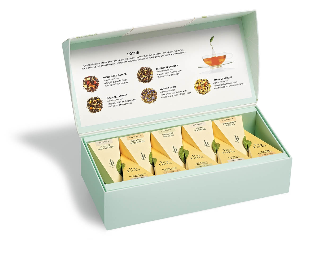 Lotus tea assortment in a 10 count petite presentation box with lid open