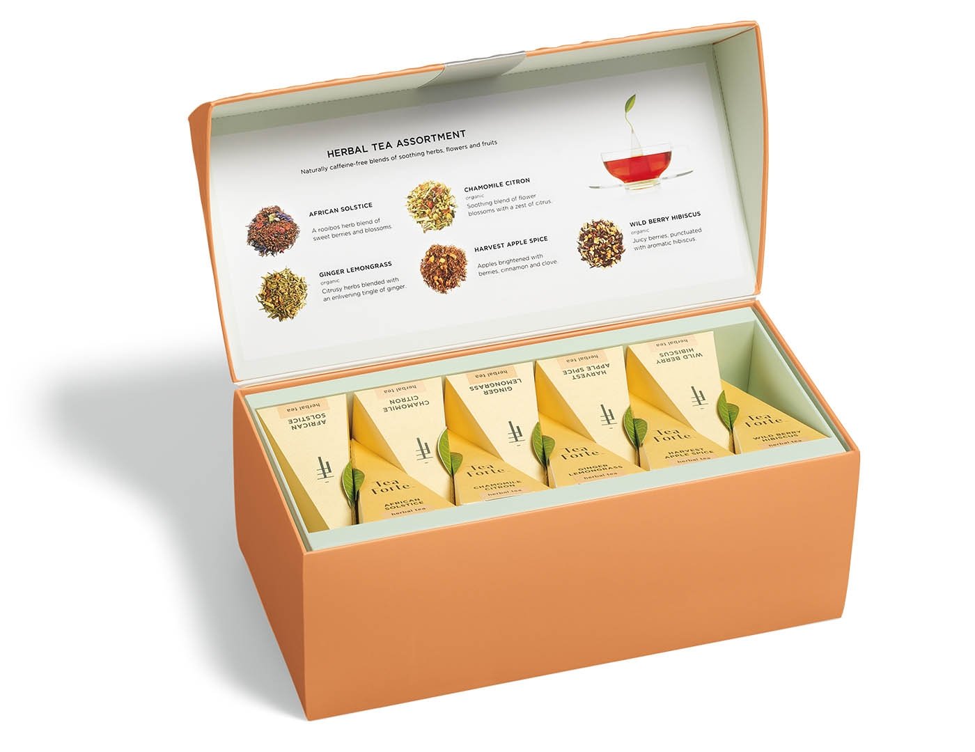 Herbal tea assortment in a 20 count presentation box with lid open