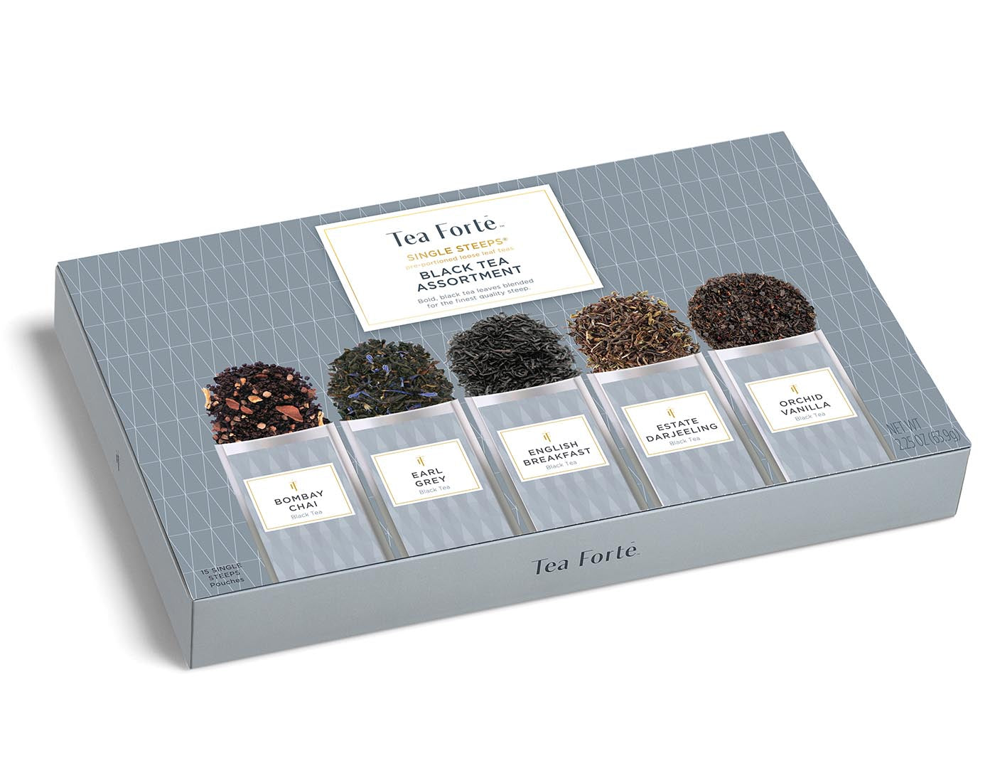 Black tea assortment in a 15 count box of Single Steeps pouches with lid closed