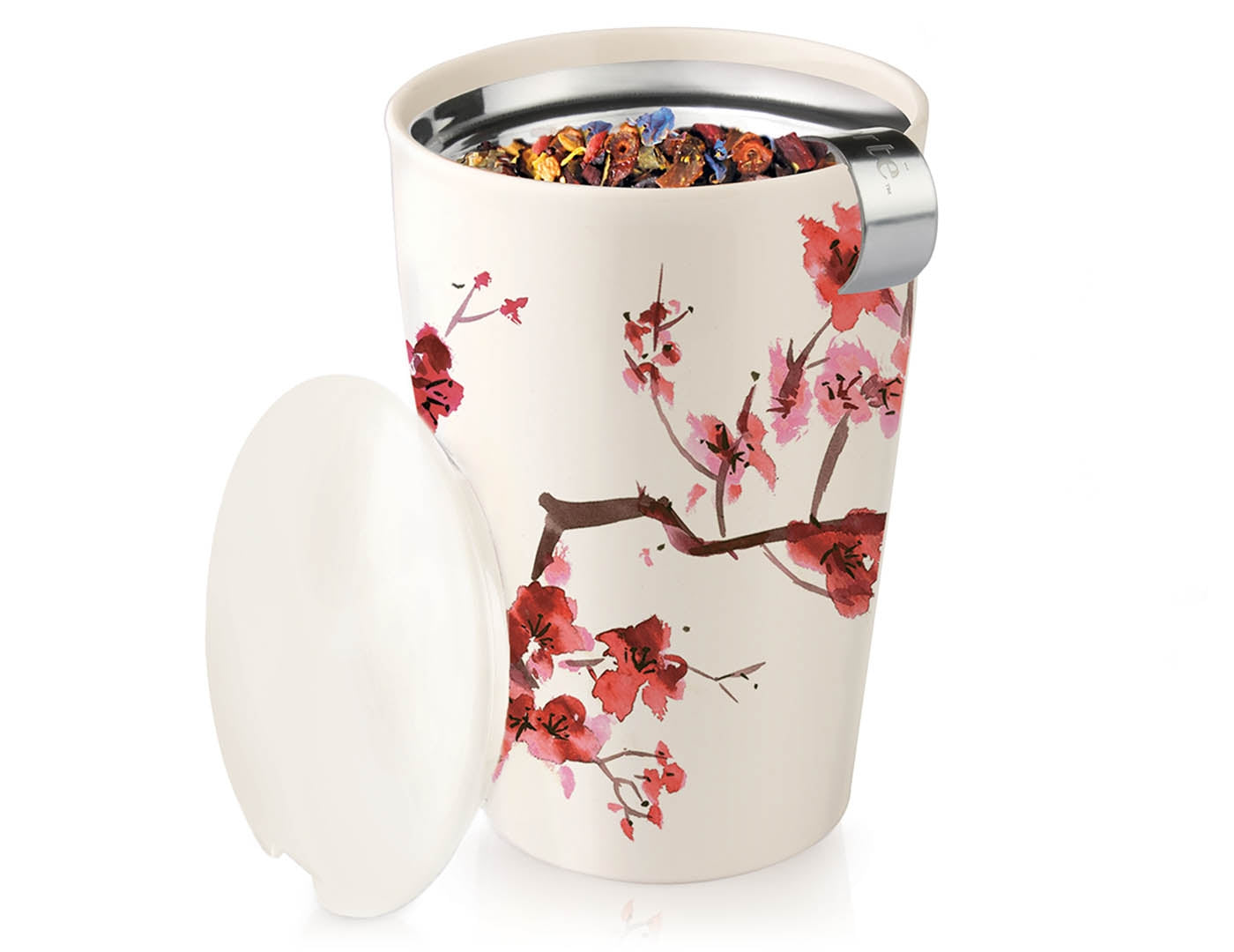 Cherry Blossom design KATI® Steeping cup with infuser showing stainless steel infuser with tea leaves
