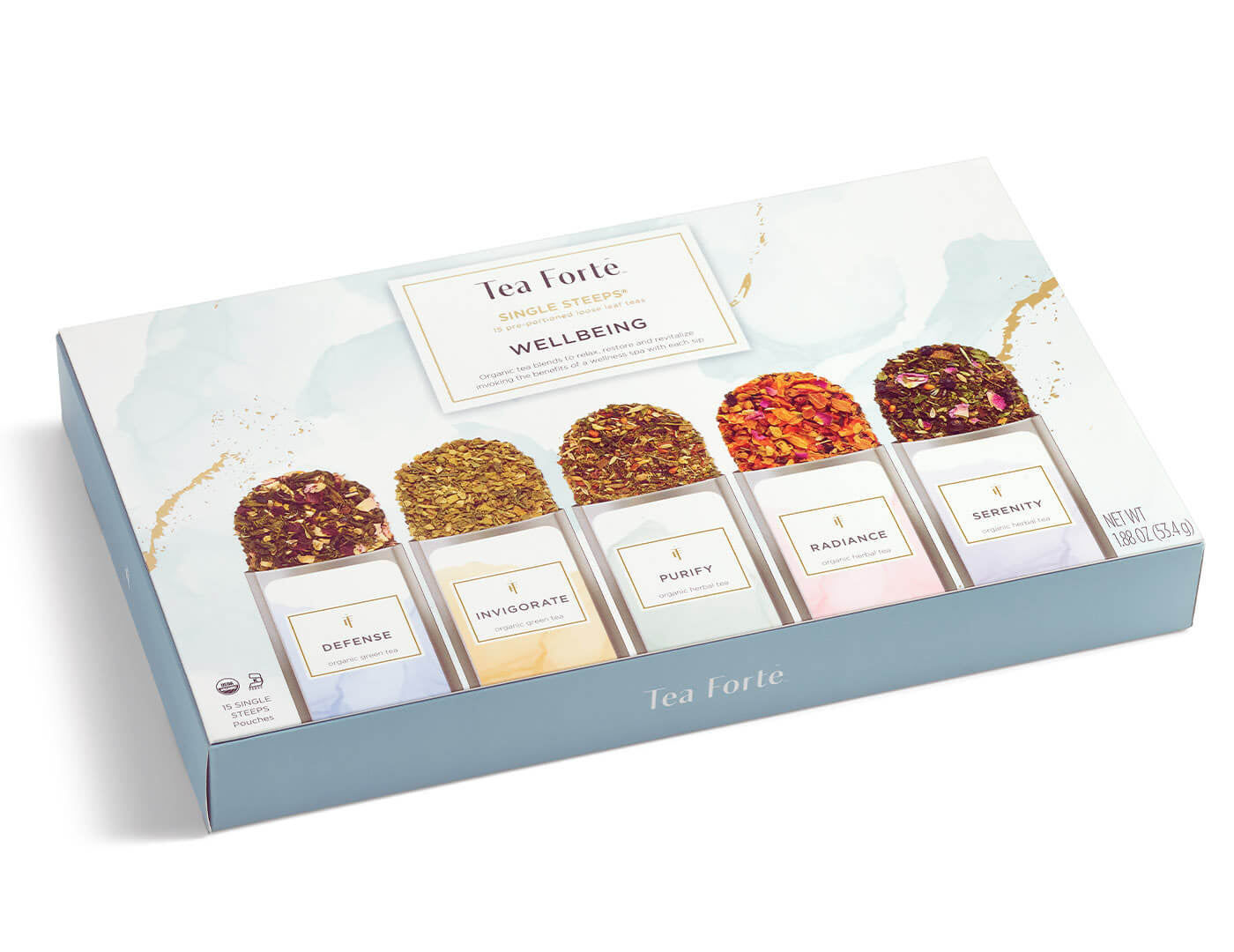 Wellbeing tea assortment 15 count box of Single Steeps pouches with lid closed