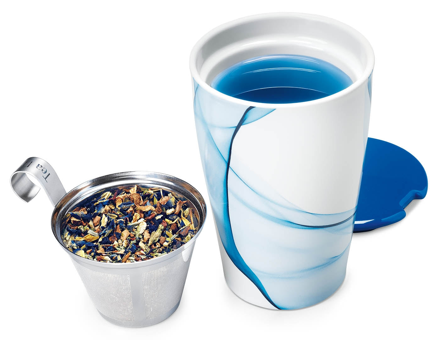 Bleu design KATI® Steeping cup with infuser showing stainless steel infuser with tea leaves