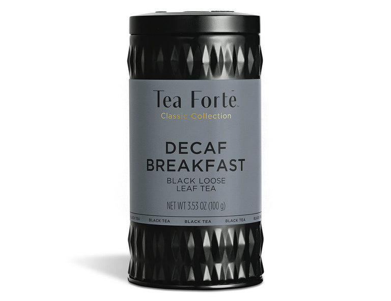 Decaf Breakfast tea in a canister of loose tea