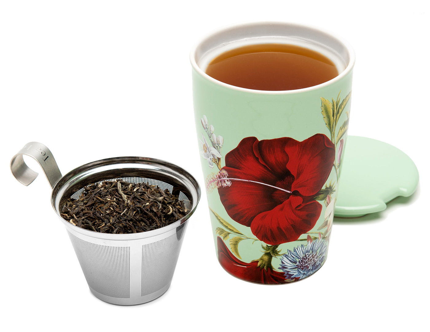 Fleur design KATI® Steeping cup with infuser showing stainless steel infuser with tea leaves