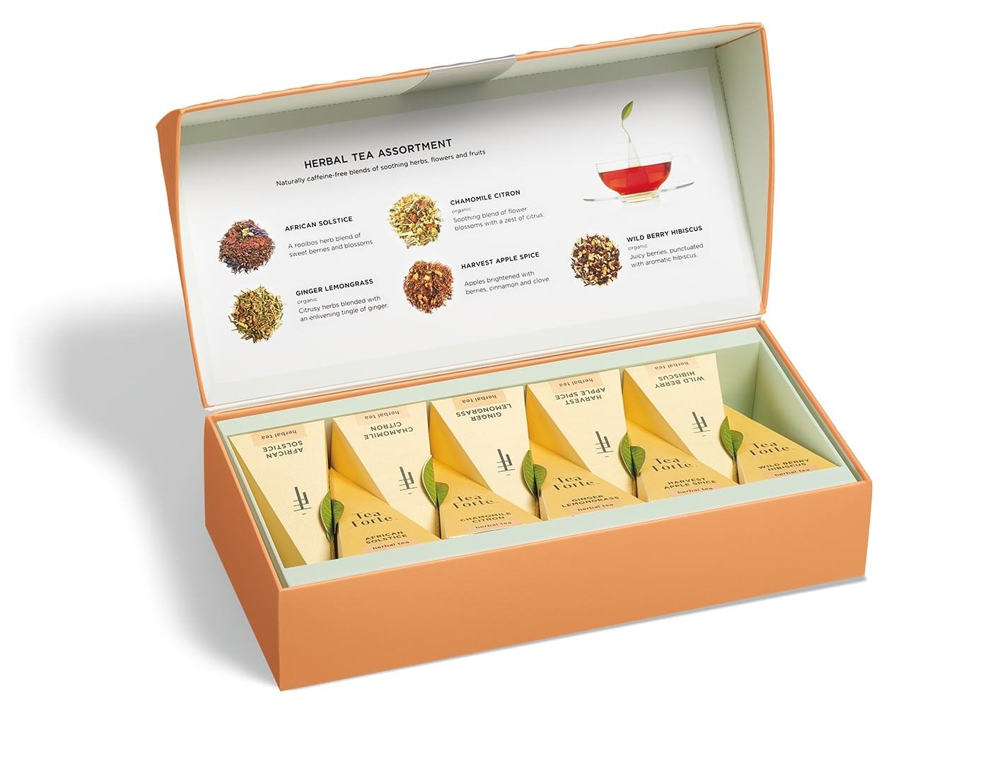 Herbal tea assortment in a 10 count petite presentation box with lid open