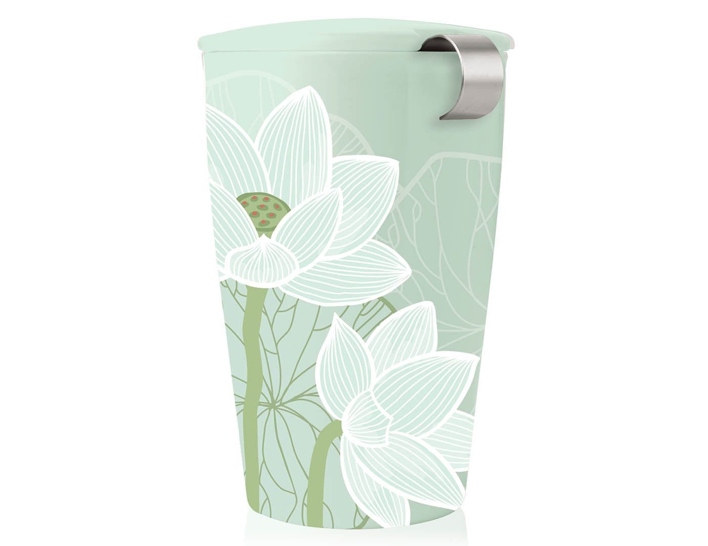 Lotus design KATI® Steeping cup with infuser showing closeup of cup