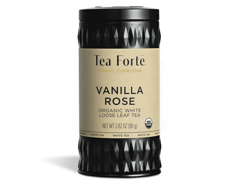 Vanilla Rose tea in a canister of loose tea