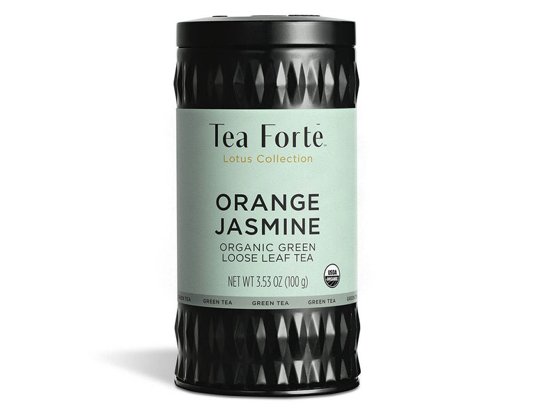 Orange Jasmine tea in a canister of loose tea