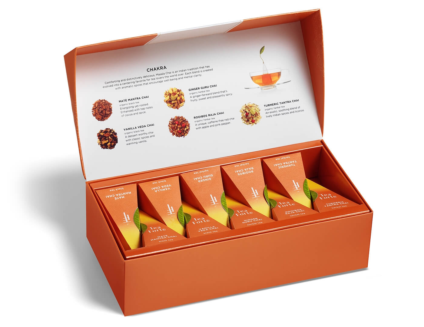 Chakra tea assortment in a 10 count petite presentation box with lid open