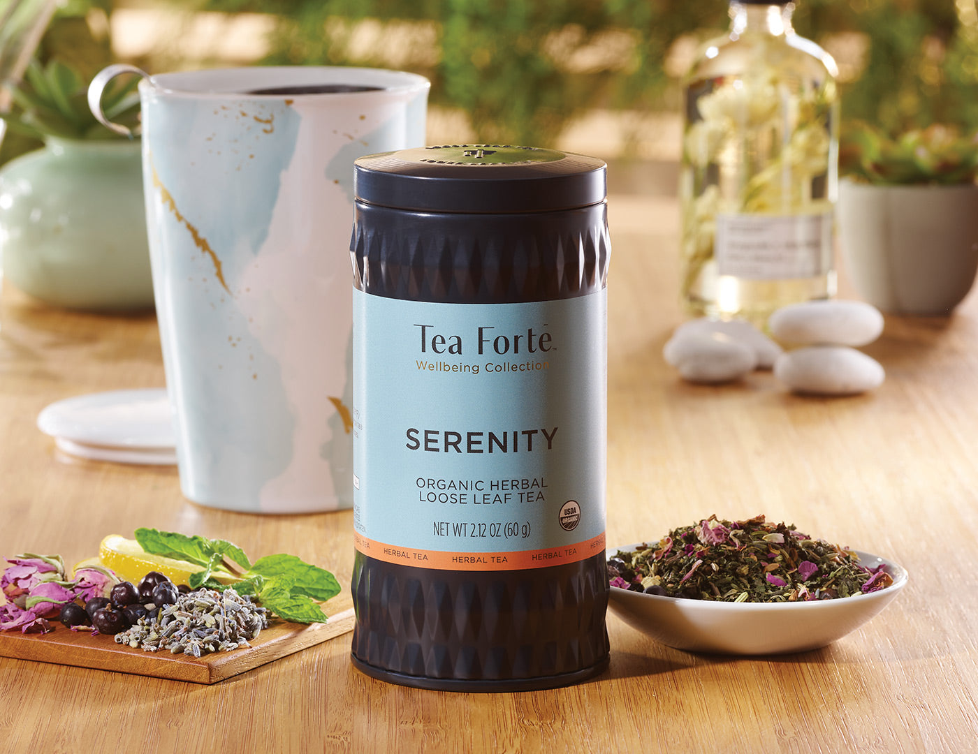 Serenity tea in a canister of loose tea