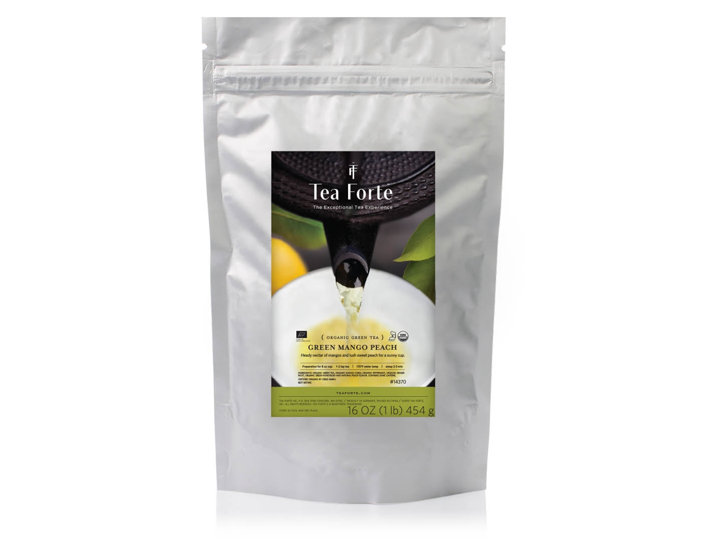 Green Mango Peach tea in a one pound pouch of loose tea