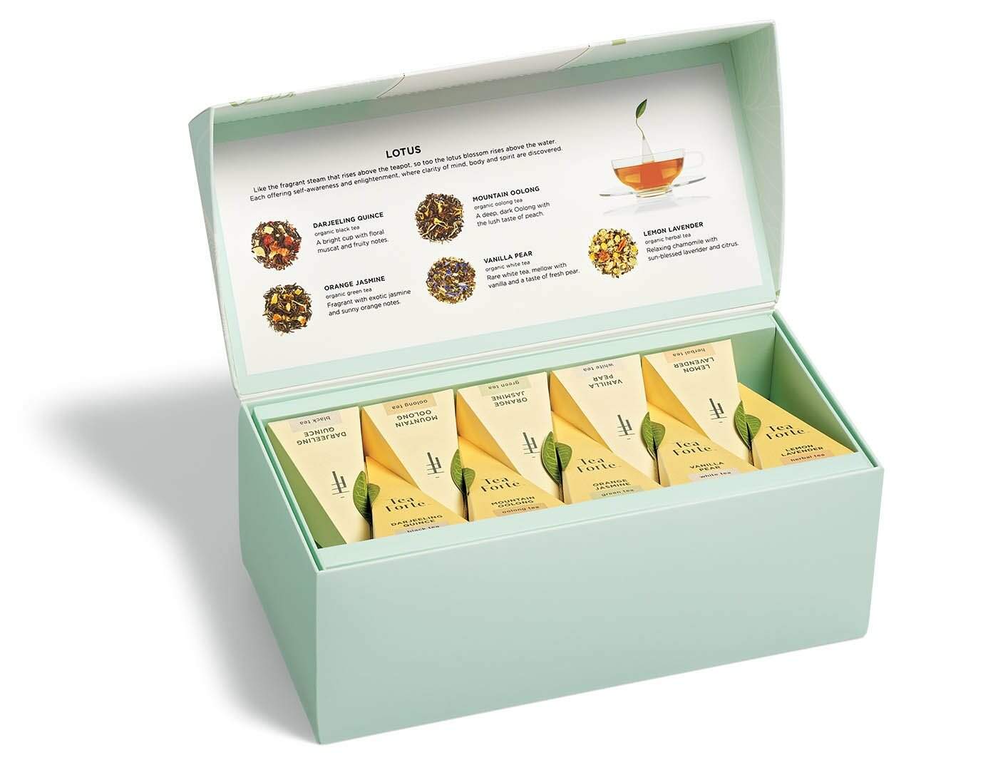 Lotus Presentation Box of 20 pyramid infusers, open 