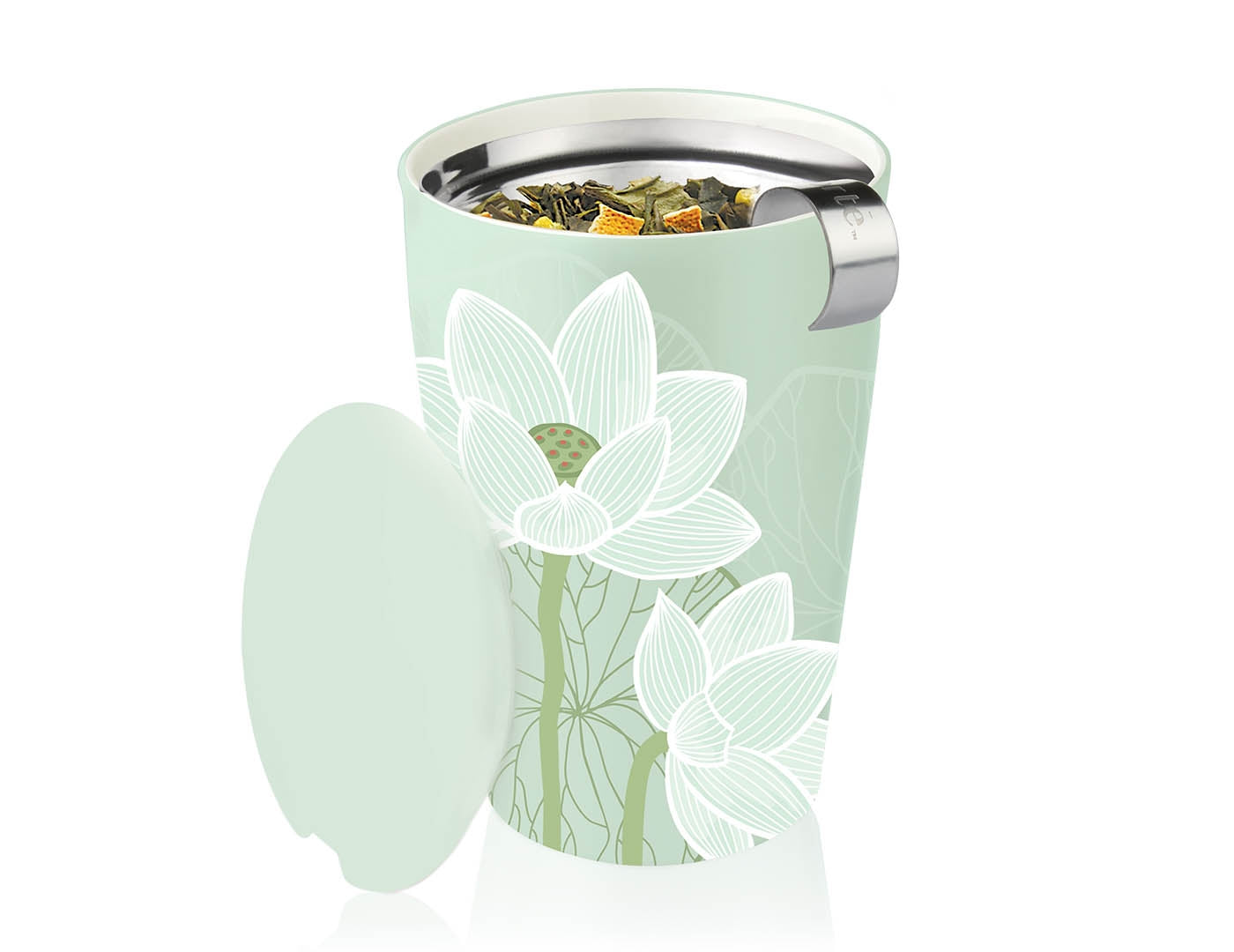 Lotus design KATI® Steeping cup with infuser showing infuser with tea leaves