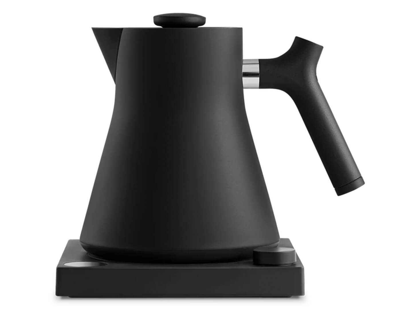 Black Corvo Kettle EKG side view, resting on base.