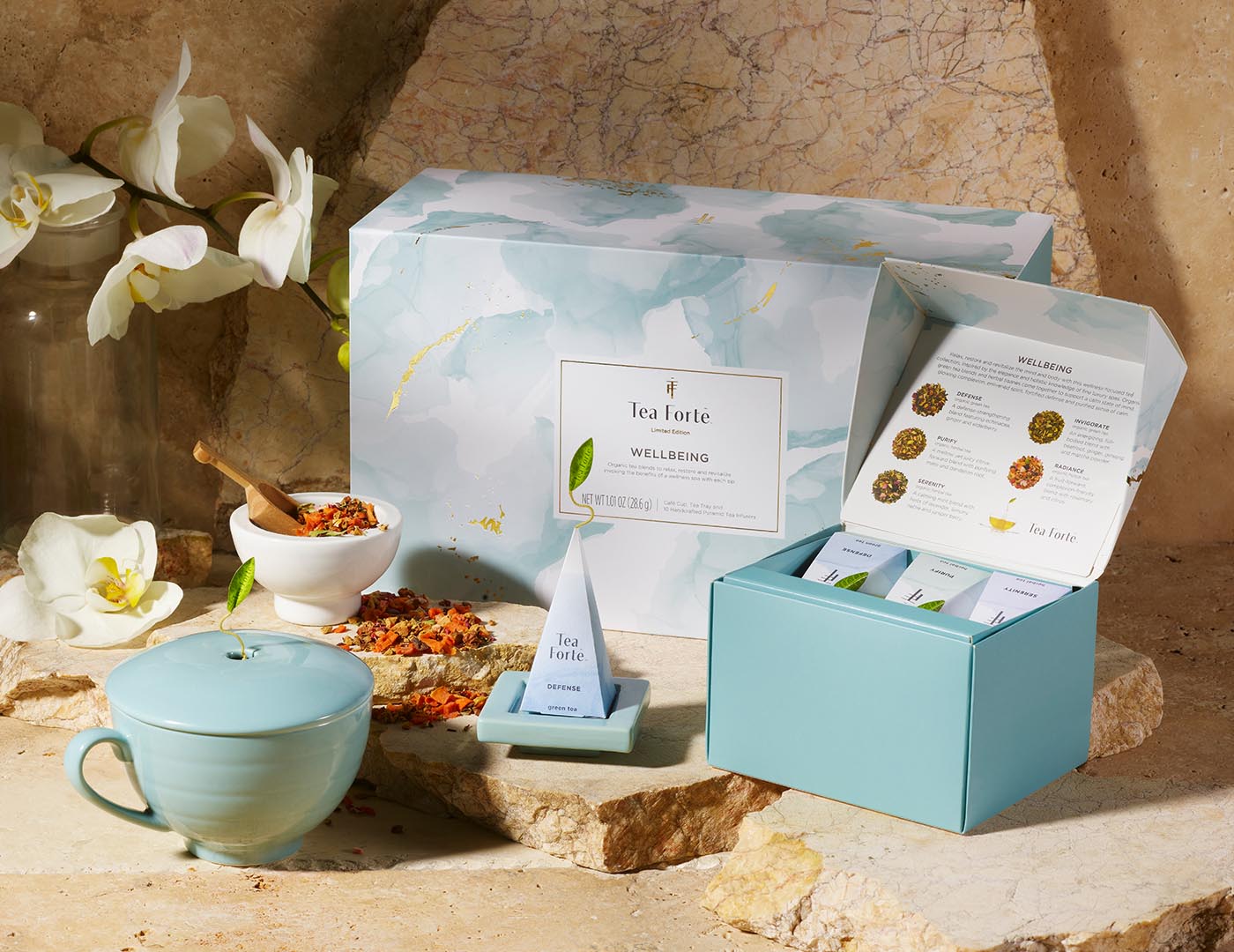Wellbeing Gift Set with stone background, show with open mini petite, Café Cup and Tea Tray