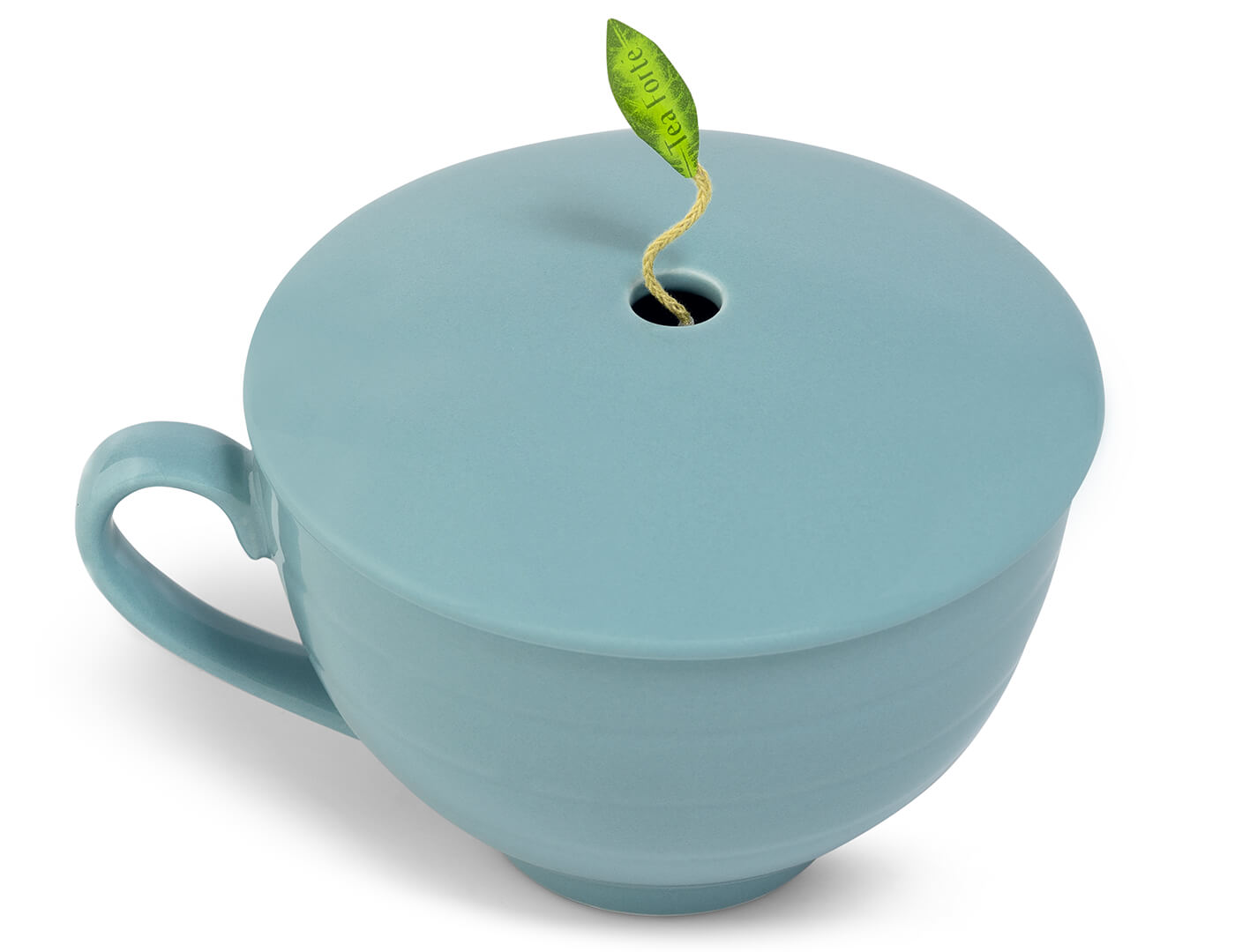 Wellbeing Café Cup in light blue, with cover on and infuser leaf peeking out of the hole in the cover top.