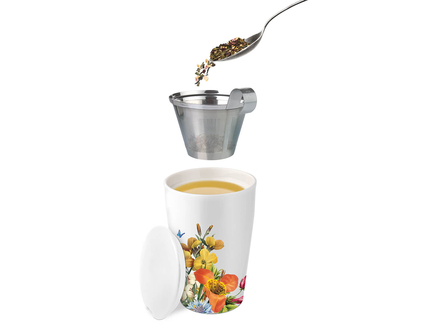 Jubilee Kati Steeping Cup, open with lid off, and tea being added from above to the infuser