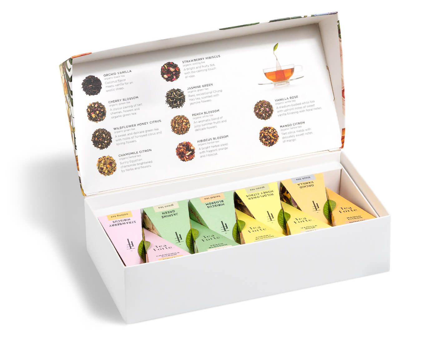 Jubilee Petite Presentation Box of 10 pyramid teas, lid open