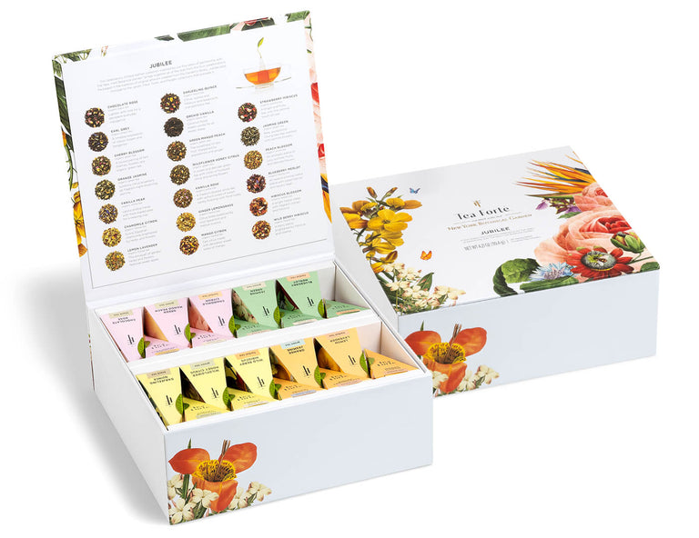 Jubilee Tea Chest of 40 pyramid tea infusers, open and closed boxes