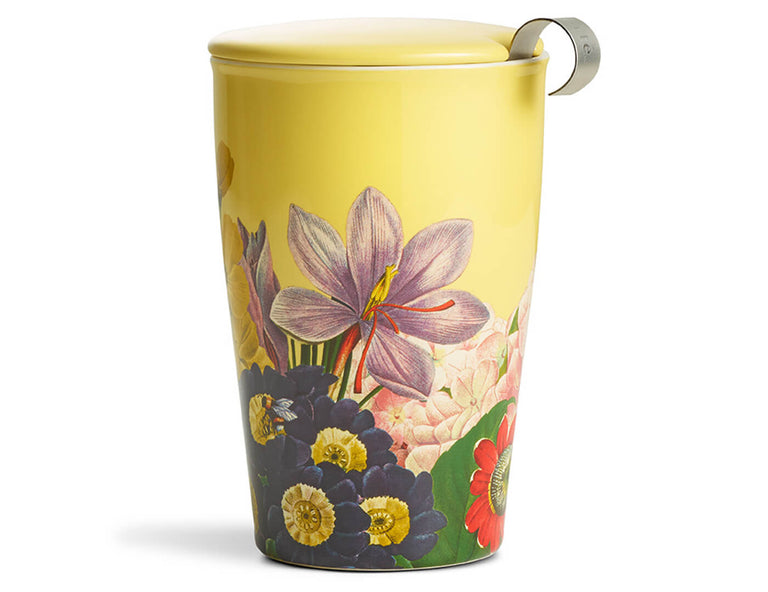 Process tea brewing ceramic mug. Inspiration and peaceful mood. Relaxing  chamomile tea. Cup mug hot tea