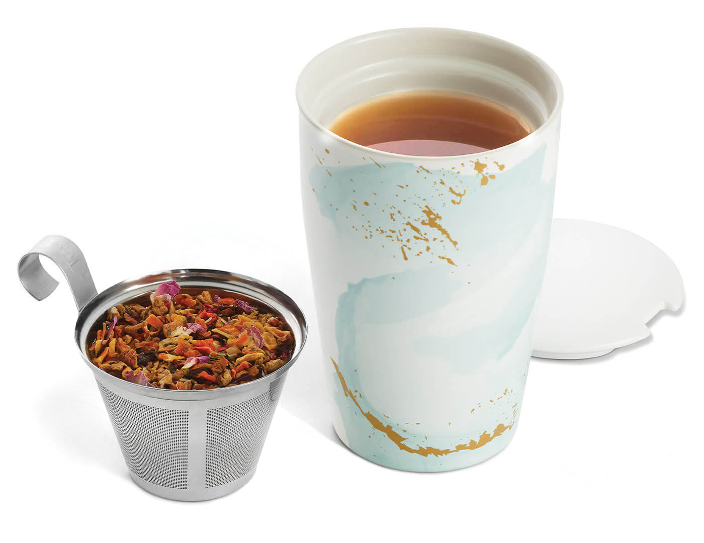 Wellbeing KATI® Steeping Cup with lid off and tea inside cup, the stainless steel infuser basket is out and filled with lid