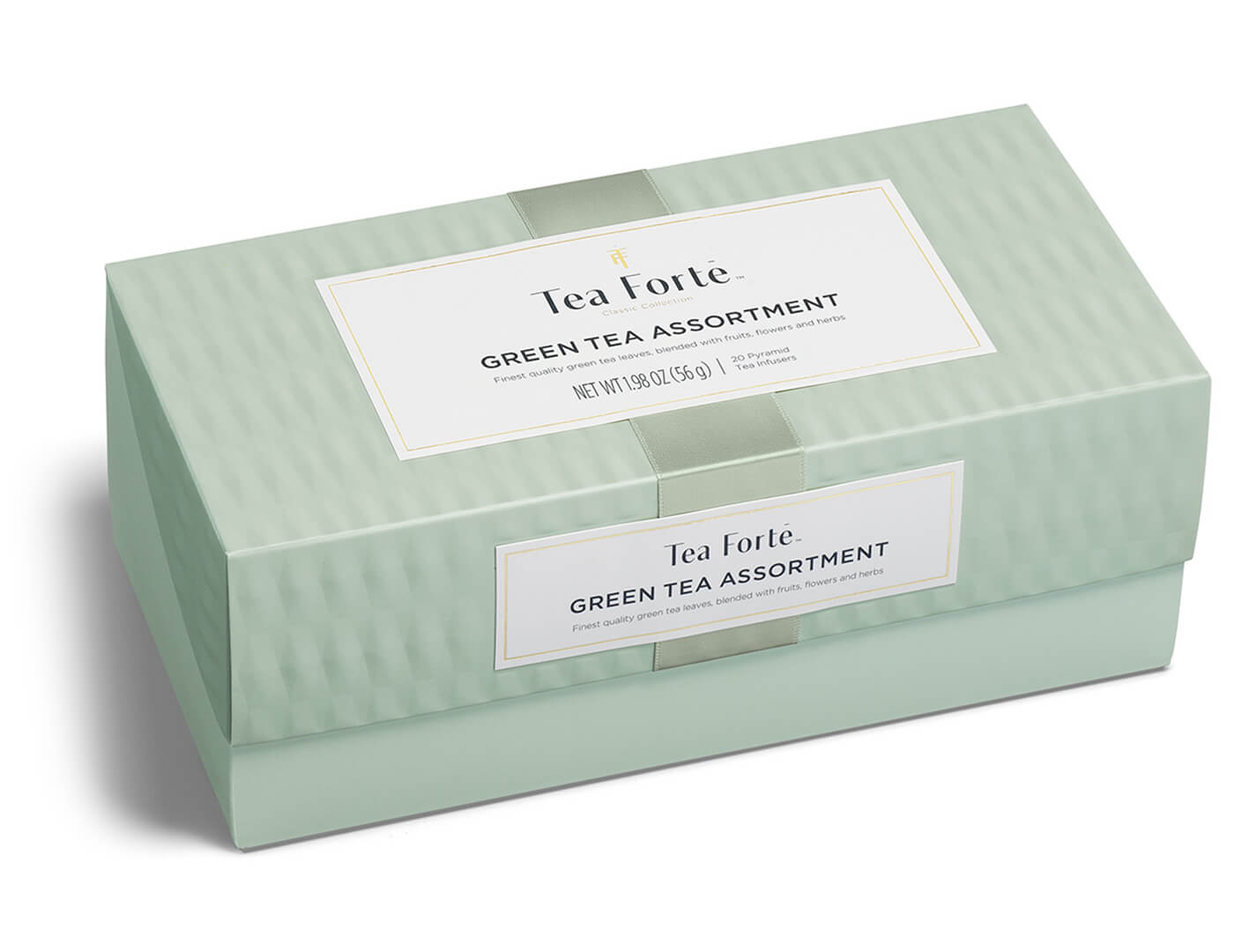 Green tea assortment in a 20 count presentation box with lid closed