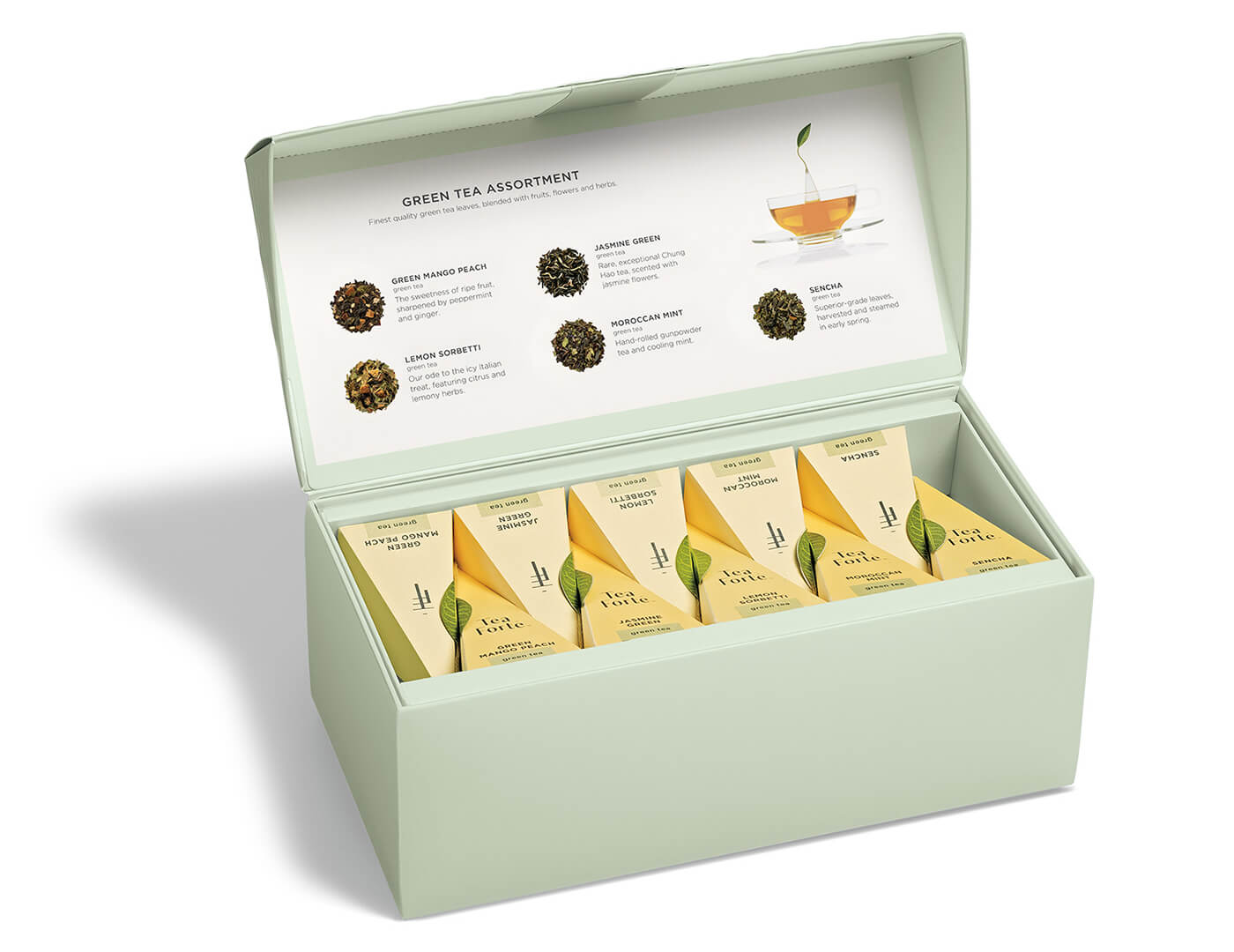 Green tea assortment in a 20 count presentation box with lid open