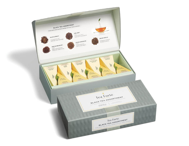Black Tea tea assortment in a 10 count petite presentation box with lid open and closed