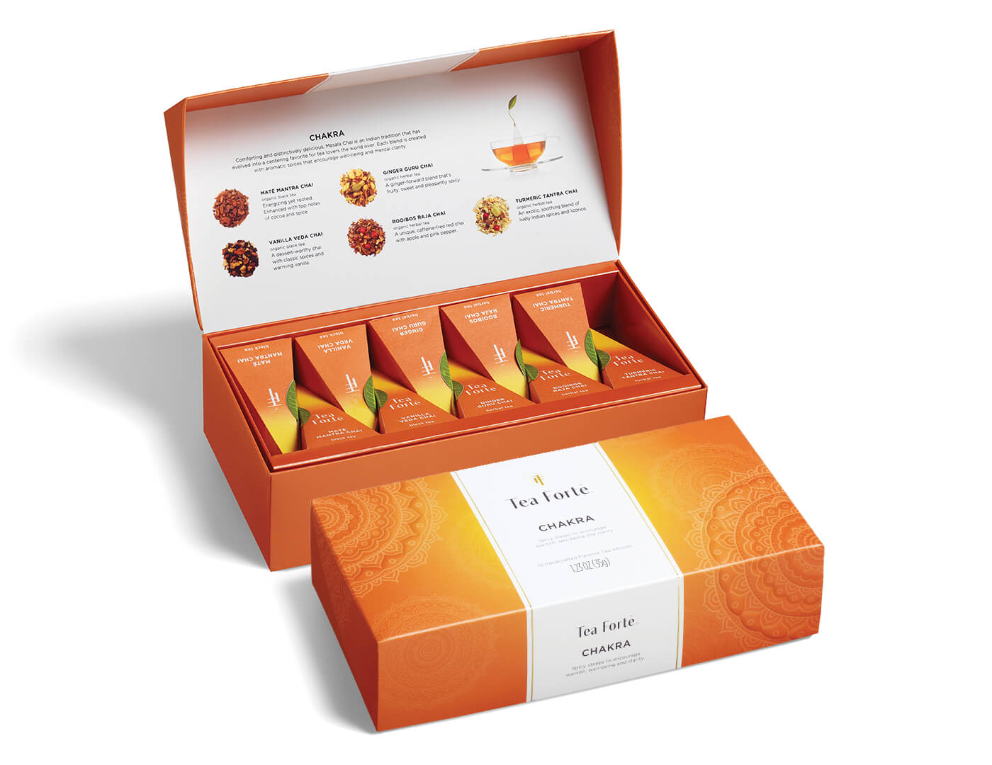 Chakra tea assortment in a 10 count petite presentation box with lid open and closed